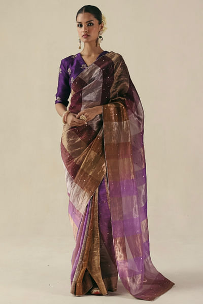 Purple mukaish embroidered sari set