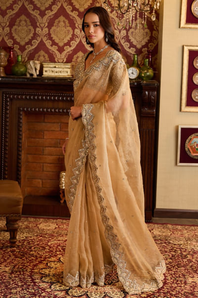 Gold zardozi embroidered sari set