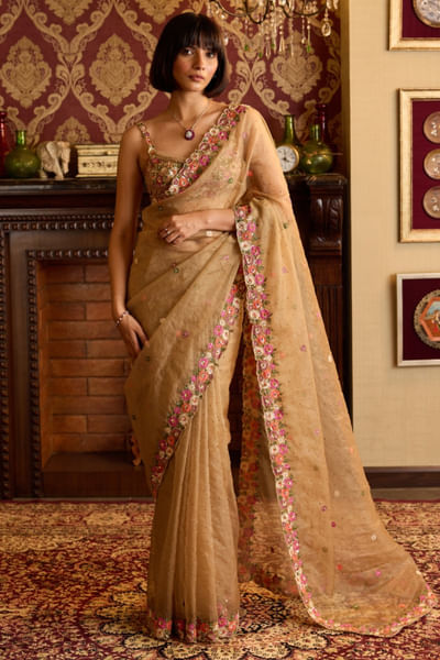 Beige floral embroidered sari set