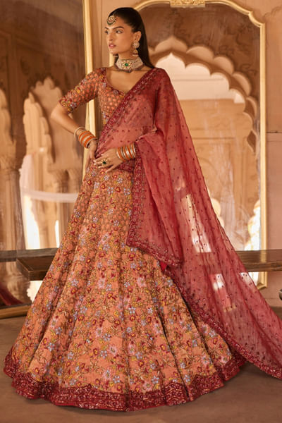 Red resham embroidered lehenga set
