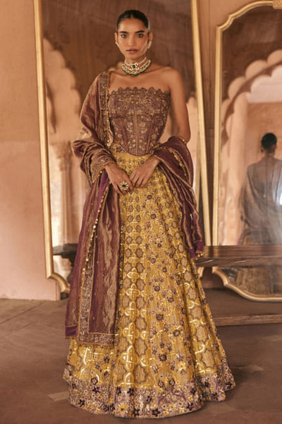 Multicoloured embroidered corset lehenga set