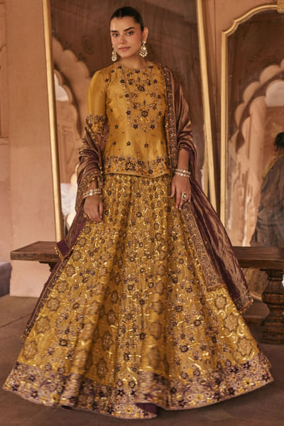 Yellow hand-embroidered tissue lehenga set