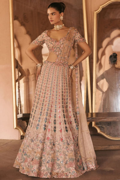 Multicoloured mirror embroidered lehenga set