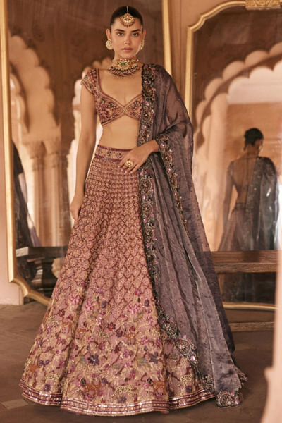 Pink zardozi embroidered tissue lehenga set