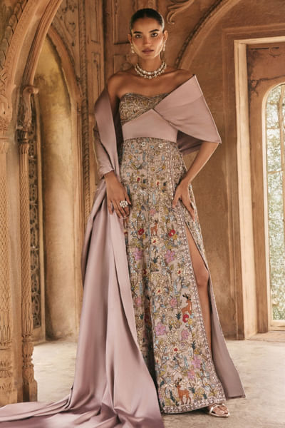 Multicoloured zardozi embroidered drape gown