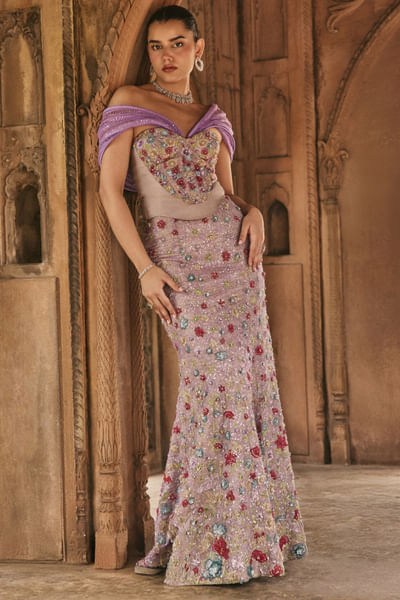 Multicoloured embellished corset skirt set