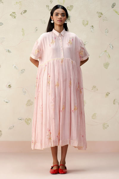 Baby pink block printed embroidered dress