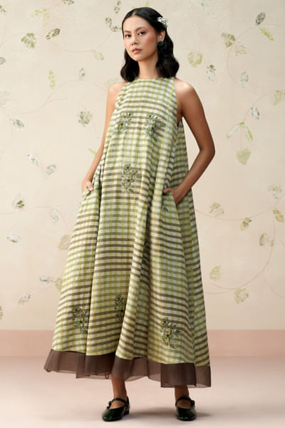 Green block printed checks embroidered dress