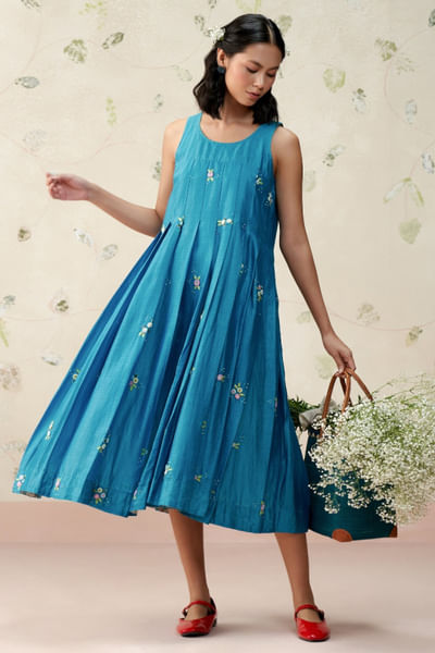 Deep blue block printed embroidered dress