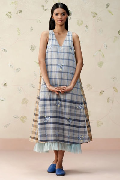 Blue and grey embroidered checkered dress