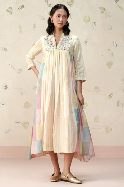 Ivory checks embroidered dress