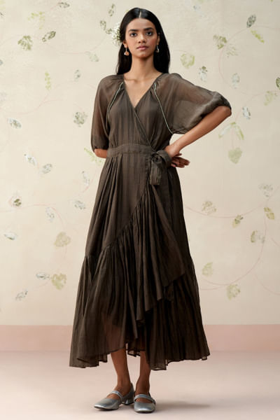 Ash black block printed embroidered dress