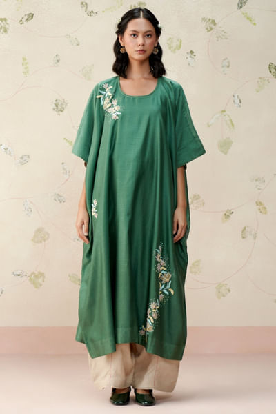 Deep sea green embroidered print tunic