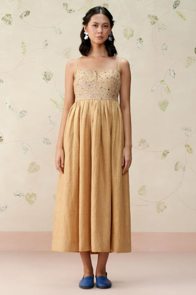 Dark beige embroidered midi dress