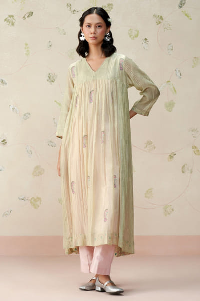 Sea green block printed embroidered co-ord set