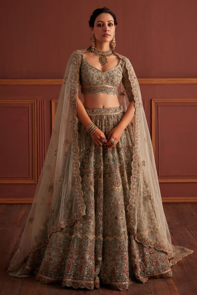 Sage green cutdana embroidered lehenga set