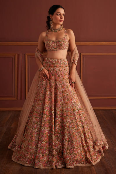 Multicolour floral embroidered lehenga set