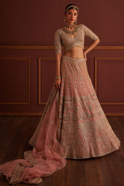 Pink zari embroidered lehenga set
