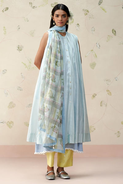 Sky blue block printed dupatta