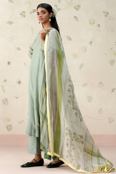 English green block printed chanderi dupatta