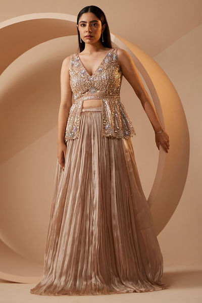 Champagne floral embroidered peplum lehenga