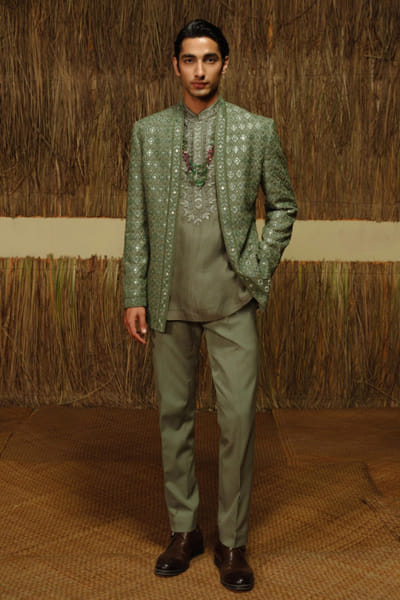 Amaare Olive green gota embroidered bandhgala set AMAAAUG26D152826