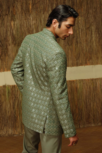 Amaare Olive green gota embroidered bandhgala set AMAAAUG26D152826