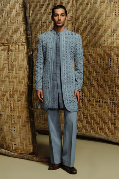 Amaare Denim blue gota embroidered achkan set AMAAAUG26D152834
