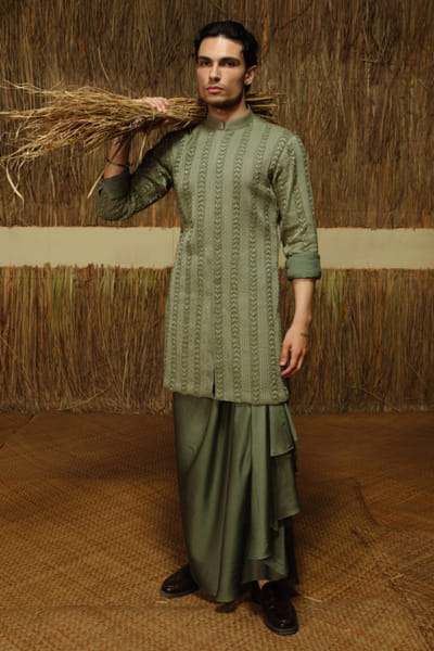 Amaare Olive green gota embroidered dhoti kurta set AMAAAUG26D152825
