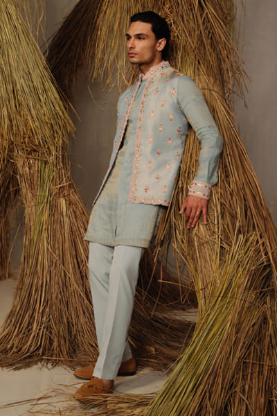 Amaare Ice blue gota embroidered Nehru jacket set AMAAAUG26D152820