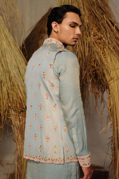 Amaare Ice blue gota embroidered Nehru jacket set AMAAAUG26D152820