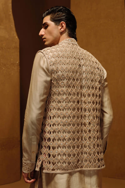 Amaare Grey cutwork Nehru jacket set AMAAAUG26D152828