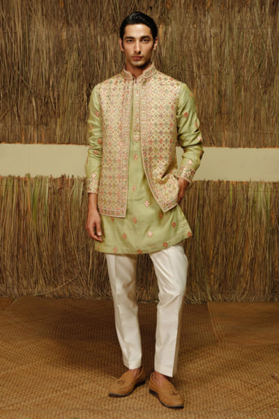 Amaare Lime green gota embroidered Nehru jacket set AMAAAUG26D152827