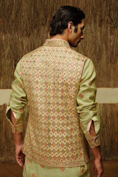 Amaare Lime green gota embroidered Nehru jacket set AMAAAUG26D152827