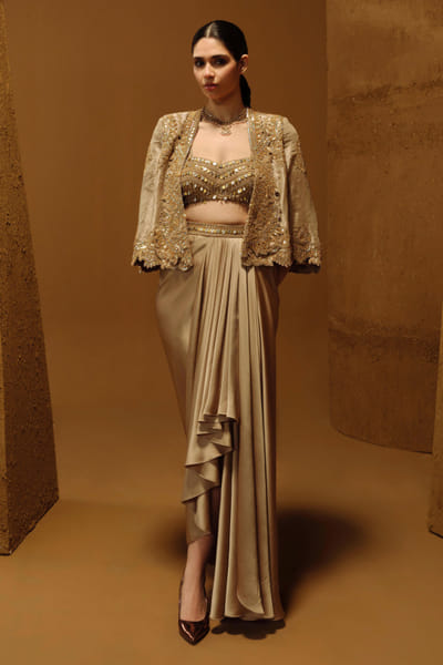 Amaare Grey gota embroidered cape skirt set AMAAAUG26D153539