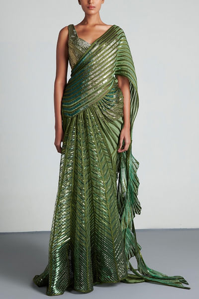 Green metallic sari set