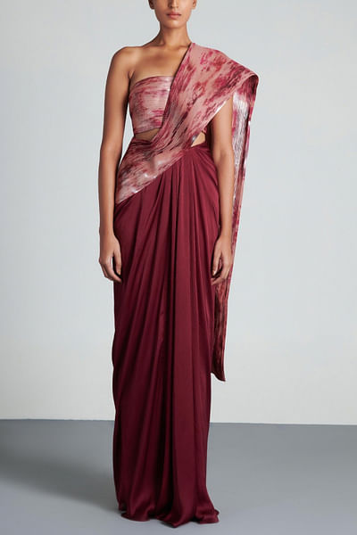 Plum and blush draped sari set