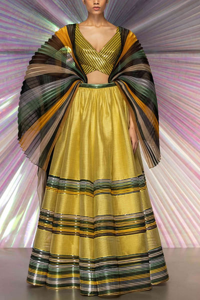 Yellow striped lehenga set