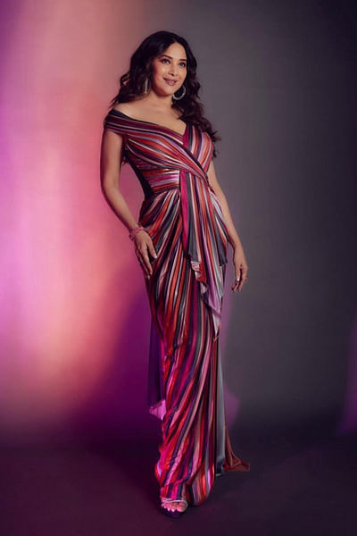 Pink metallic draped sari gown
