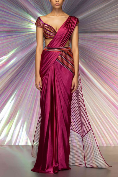 Pink metallic draped sari set