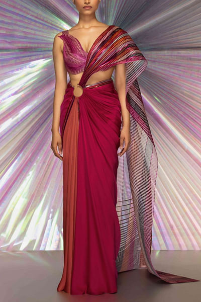 Pink and rust structured drape sari set