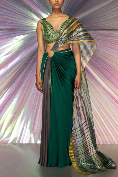 Green and grey structured drape sari set