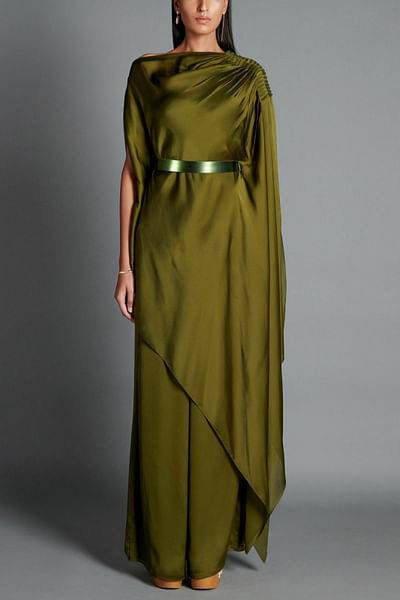 Olive metallic draped dress