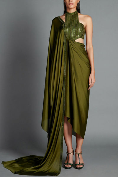 Olive green halter neck dress