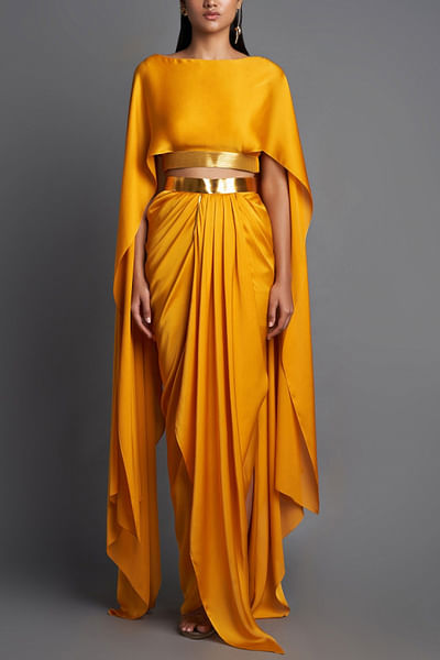 Mustard cape top and draped skirt