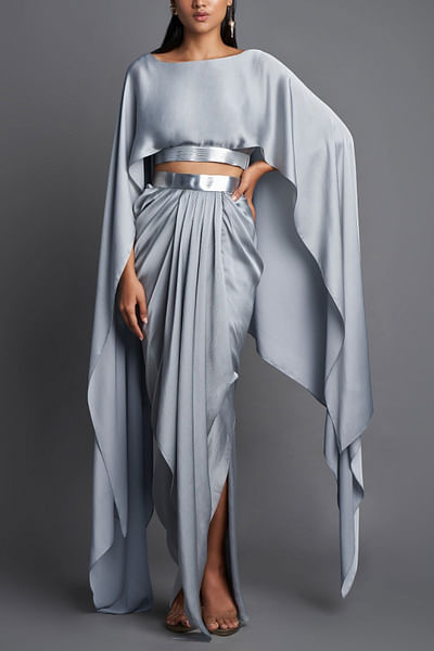 Ice grey cape top and draped skirt