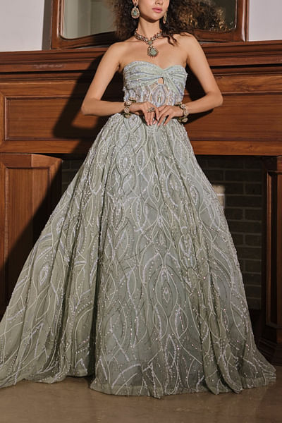 Mint green lattice embroidered ball gown and cape