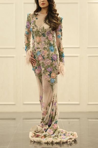 Multicolour floral embroidered gown