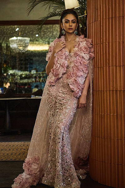 Pink 3D floral cape and fish cut gown
