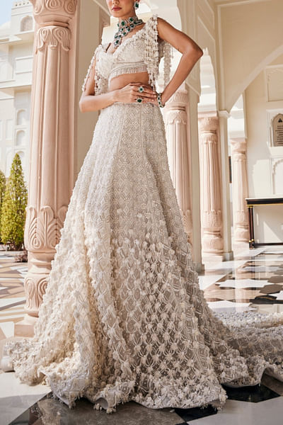 White pearl embellished lehenga set